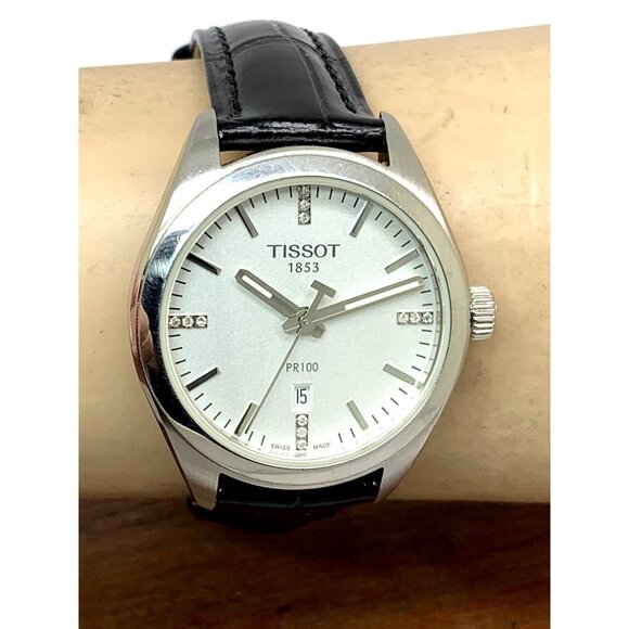 Tissot Women's Watch PR100 Swiss Quartz Diamond Silver Dial Black Leather 33mm - Picture 10 of 13